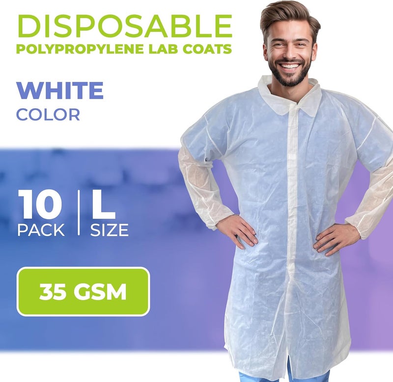 AMZ Medical Supply White Disposable Lab Coat, Large. 10 Pack 35 GSM Polypropylene Fabric Protective Coat. Knee-Length Disposable Lab Coats for Adults with Elastic Wrist, Loop Fasteners, No Pockets - Image 2